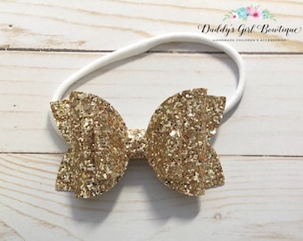 Gold Glitter Bow - Gold Baby Bow - Glitter Bows - Gold Headband - Baby Bow Headband - Gold Hair Bows  - Gold Bow - Glitter Bow