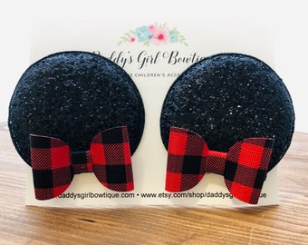 Red Buffalo Plaid Minnie Ears - Christmas  Mouse Ears - Minnie Mouse Ears - Mouse Ear Clips - Mouse Ears Headband