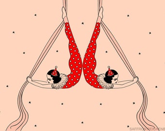 A4 Limited Edition Circus Print, vintage aerialists gift,  aerial silks art, pink red acrobats illustration polka dots ruff, retro valentine