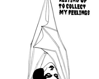 Stampa Giclée in edizione limitata A3, Resting Up To Collect My Feelings - illustrazione gotica della cura di sé della bat lady - arte motivazionale spettrale