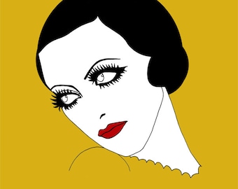 Impresión giclée de edición limitada A3, Glance, amarillo mostaza, art déco, dama de los años 20