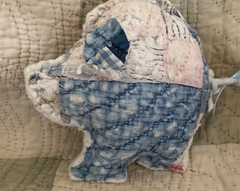 Handmade Quilted Pig with Vintage Button Eyes