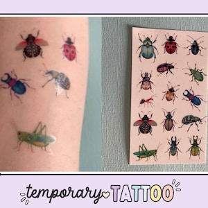 May include: A sheet of temporary tattoos featuring various colorful insect designs, including beetles, ladybugs, and a grasshopper. Some tattoos are applied to skin, showcasing the product's use. The words "temporary TATTOO" are at the bottom.