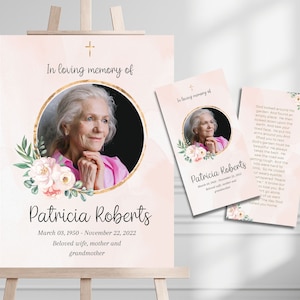 Memorial Sign and Prayer Card Pink Watercolor Canva Template for Memorial or Funeral - Personalized Tribute Printables