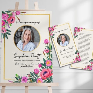 Memorial Sign and Prayer Card Gold with Pink Flowers Canva Template for Memorial or Funeral - Personalized Tribute Printable