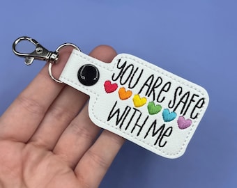 You Are Safe With Me Rainbow Hearts Keychain Tag Lanyard