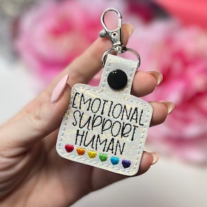 Emotional Support Human Rainbow Hearts Keychain Snap Tab Embroidery Tag