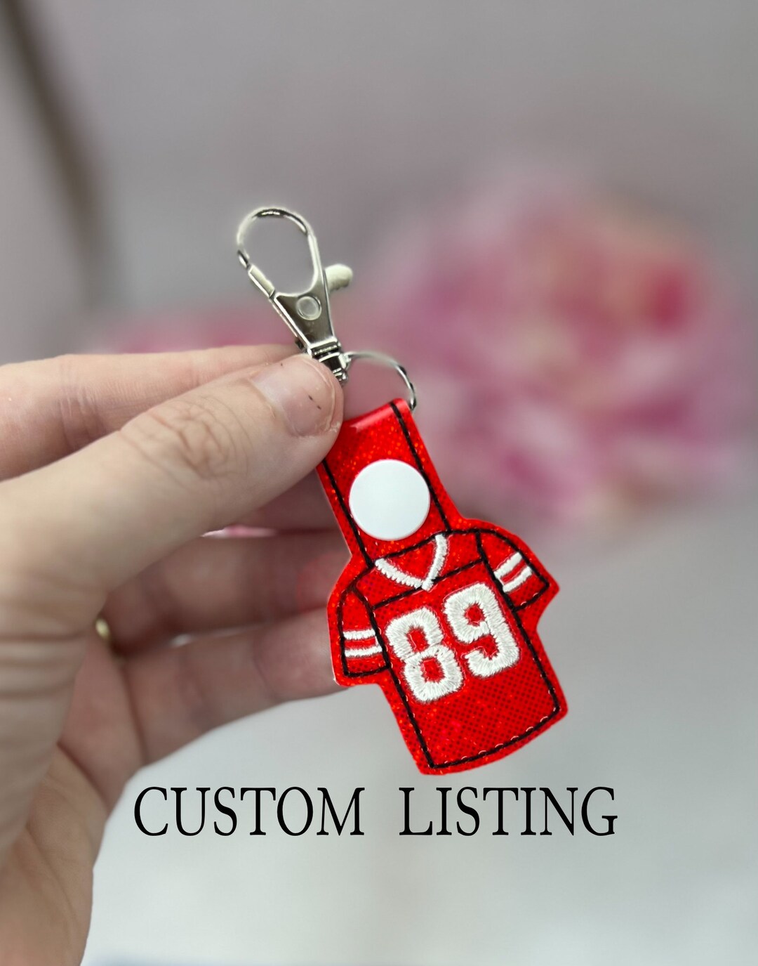 Red and White Football Jersey Numbers Keychains Glitter Shimmer Tag