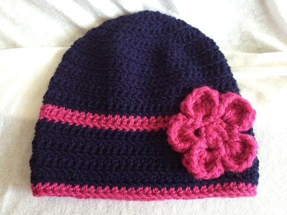 Navy Blue & Pink Flowered Beanie Hat - Etsy