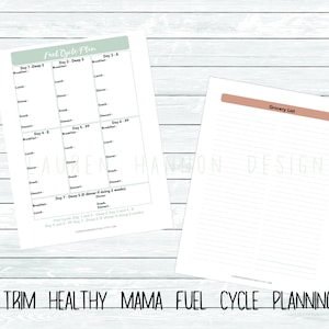 Könnte beinhalten: Druckbarer Brennstoffzyklusplan und Einkaufsliste. Der Brennstoffzyklusplan hat eine Tabelle mit sieben Tagen, die jeweils Spalten für Frühstück, Mittagessen, Abendessen, Snack und Dessert haben. Die Einkaufsliste ist eine leere Seite mit Zeilen zum Schreiben.