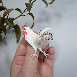 May include: A white rooster with a red comb and black and white tail feathers is made of fabric and thread. The rooster is being held in a person's hand.