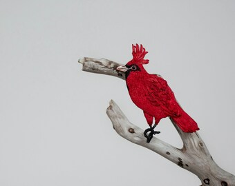 Red cardinal hand embroidered brooch