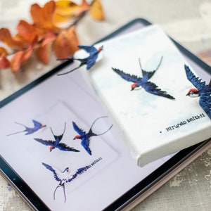 Pu&ograve; includere: Un tablet digitale che mostra immagini ricamate di rondini blu e bianche su uno sfondo bianco. Il tablet &egrave; sopra una tela bianca con una rondine ricamata blu e bianca. La tela ha il testo "Hirundo Smith" scritto su di essa.