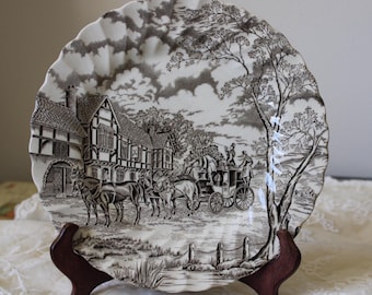 Staffordshire Ironstone Dinner Plates, Brown Transferware, England, Set of 5