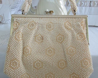 Vintage Cream Beaded Purse Corde Bead Handbag Lumured Shabby Chic Beaded  Rope Handle Gold Trim Clasp 1950s Ivory