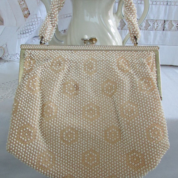 Vintage Cream Beaded Purse Corde Bead Handbag Lum… - image 1