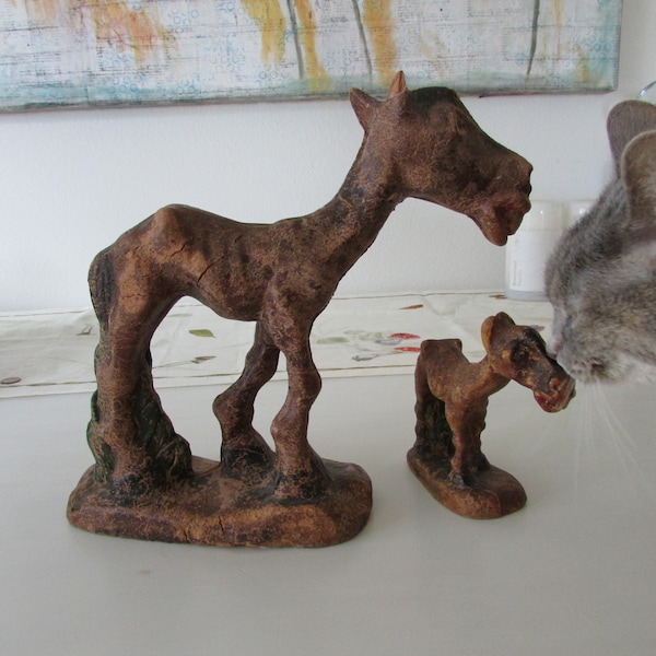 Wood Composite Donkey Mother and Baby Statues Figurines 1940s