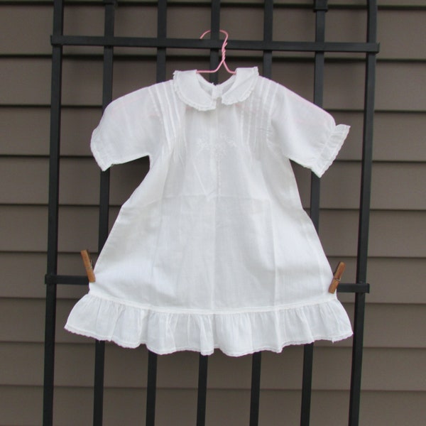 White Infant Cotton Dressing Baptismal Gown Handmade Pintucked Embroidered Detail Lace Trimmed Collar