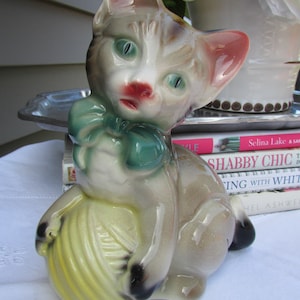 Ceramic Porcelain Cat Kitten Figurine Green Bow with Yarn Ball Royal Copley 1950s