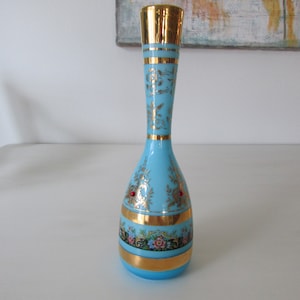 Hand Blown Bohemian Azure Blue Jeweled Glass Vase Gilt Trim Floral Band