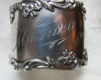 1907 Silverplated Napkin Ring Engraved "Mamma" Flowers Scrolls Repousse