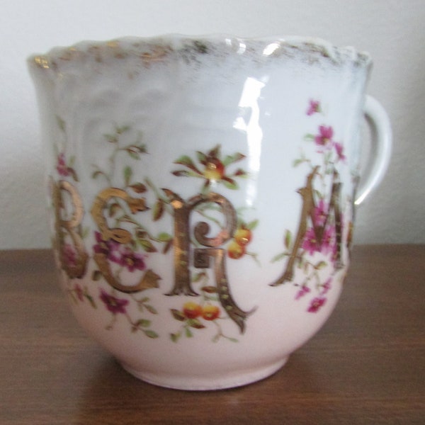 Remember Me Mustache Mug Embossed Gold Trim Floral Flowers Pink Purple Yellow Green Orange Souvenir Cup  Cup 1940s Made in Germany