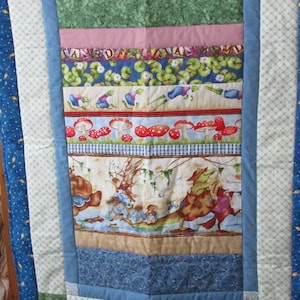 Vintage Baby Crib Quilt Nursery Blanket Woodland Water Animals Frogs Fish Bears Blue Handmade Wall Decor Patchwork 32 x 45 inches
