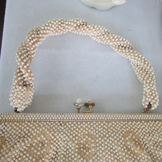 Vintage Cream Beaded Purse Corde Bead Handbag Lum… - image 3