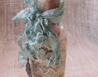 Altered  Bottle Vintage Embellished Vintage Lace, Crinkled Ribbon, Repurposed Buttons.  Whimsical, Filled with Trinkets.