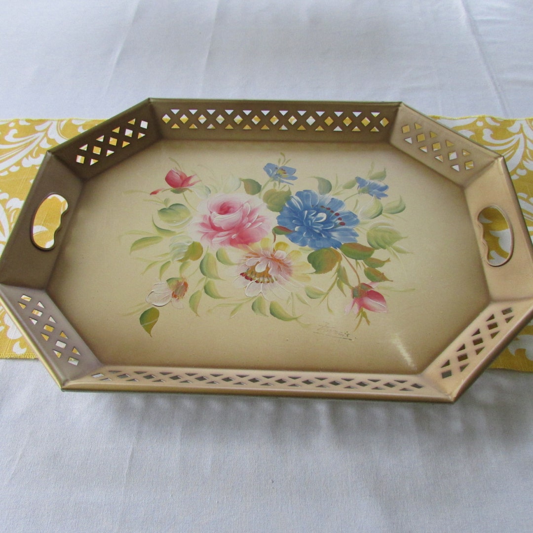Serving Tray Nashco Products Vintage Large Hand Painted Metal Etsy
