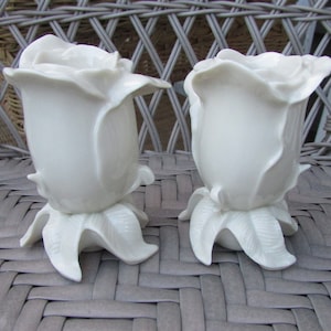 Pair Lenox Candlesticks Candleholders Ivory Porcelain Rose Tapers Cottage Decor Off White Ivory