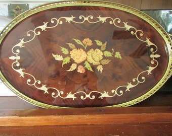 Marquetry Floral Tray, Mid-Century Modern Vanity Tray with Brass Trim