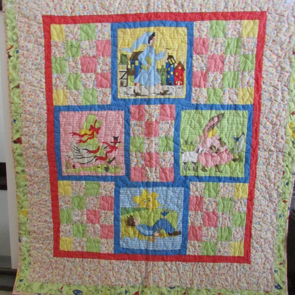 Handmade Nursery Rhyme Patchwork Quilt, Baby Blanket Wall Decor