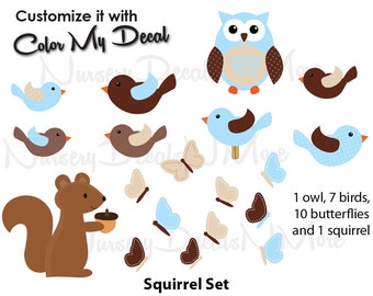 Butterfly Wall Decals Nursery Wall Decals - Squirrel Owl Birds(Squirrel Set of Birds) BBFO