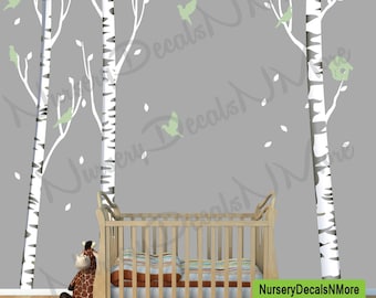 Repositionable Birch Tree Decal, More Realistic, Reusable, White Birch Tree (3 tree/with birds) OBT