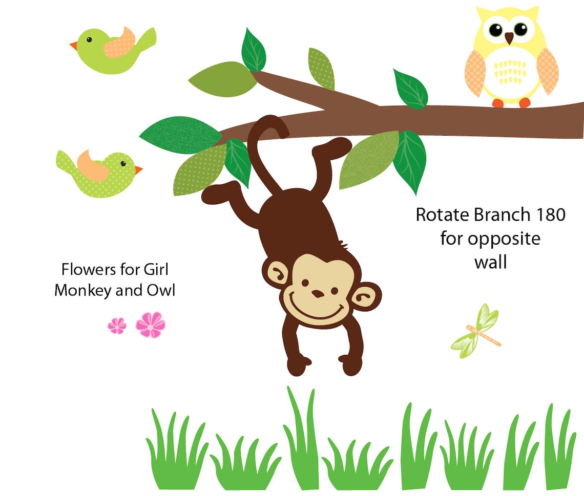 Monkey Decal on Branch Nursery Wall Decals Monkey Stickers Etsy