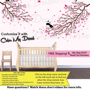 Panda Cherry Tree Decals, Pink Cherry Blossoms, Branch, Sakura, Panda Decals (Pink Brown 2 BranchPanda) PRDB3 B62_F1-47_F2-48_C81_Bu46