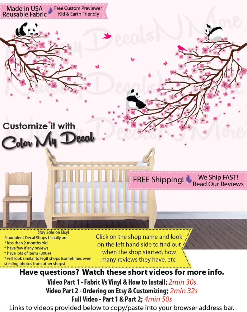 Panda Cherry Tree Decals, Pink Cherry Blossoms, Branch, Sakura, Panda Decals Pink Brown 2 BranchPanda PRDB3 B62_F1-47_F2-48_C81_Bu46 image 1