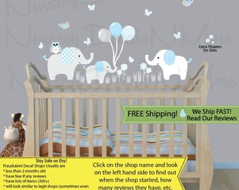 Elephant Holding Balloons Elephant Stickers Nursery Art Elephants & Balloons Baby Blue 3EB