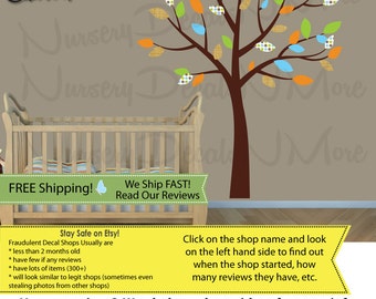 Kids Room Tree Decals with leaves, Nursery Wall Decal, Brown Tree Stickers (BlueOrng/Paradise) SmTO