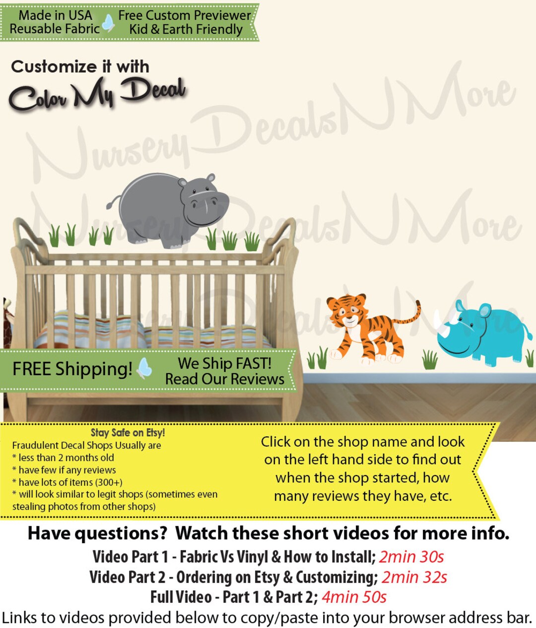 Safari Decal, Safari Animal Stickers, Safari Jungle Decal, Hippo SG