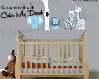 Baby Nursery Wall Decals, Jungle Stickers (Mini Expedition Tree/Animal Blue and White) MEXF, Jungle Theme Wall Decals