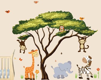 African Tree with Jungle Animals Wall Decal, Wall Stickers, Repositionable Fabric (African Tree Safari Sunset)