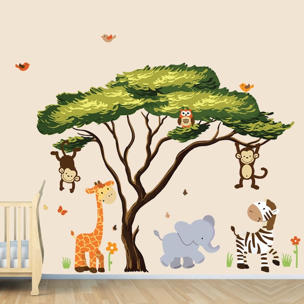 African Tree with Jungle Animals Wall Decal, Wall Stickers, Repositionable Fabric (African Tree Safari Sunset)