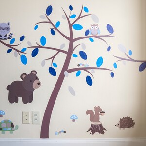 Tree Wall Decals, Forest Animals Decals - Bear Turtle Owl  (Blue Brown Woodland Mini Animal Inexpensive Tree) WLInT