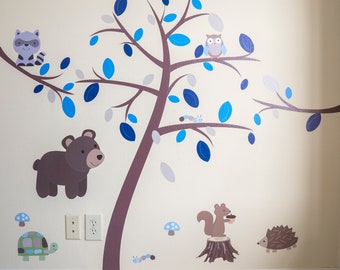 Tree Wall Decals, Forest Animals Decals - Bear Turtle Owl  (Blue Brown Woodland Mini Animal Inexpensive Tree) WLInT