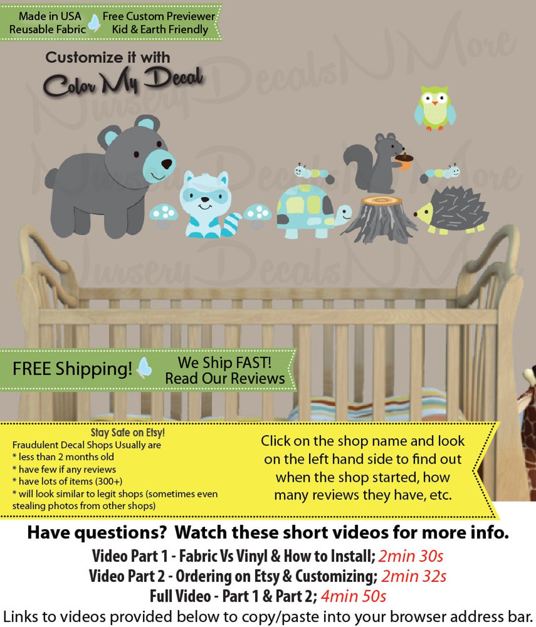 Forest Wall Decals Forest Animal Decals Bear Turtle mini Woodland