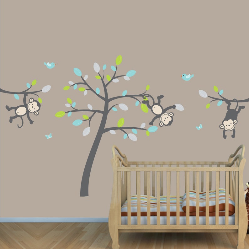 Monkey Wall Decal Monkeys Hanging on a Tree Wall Decals Etsy