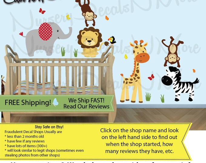 Jungle Wall Decals, Monkey Decal, Elephant Sticker, Giraffe Decal (SG ...