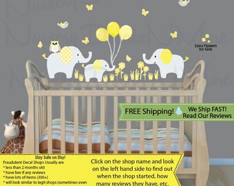 Elephant Wall Decal, Balloon Wall Stickers, Elephant Nursery Decal (Elephants & Balloons Yellow Grey) 3EB